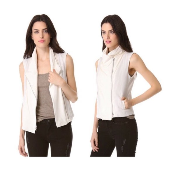 Vince Jackets & Blazers - Vince Vest Moto Zip Ivory Linen Silk Leather